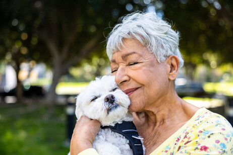 Una donna anziana abbraccia il suo cucciolo di cane foto iStock.