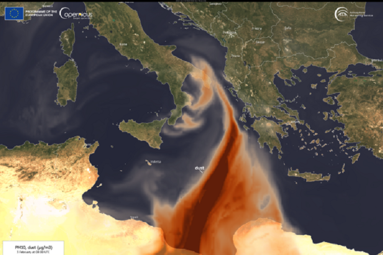 Immagine del 3 febbraio del servizio di monitoraggio dell’atmosfera di Copernicus (fonte:&nbsp;European Union, Copernicus Sentinel-2 imagery) - RIPRODUZIONE RISERVATA